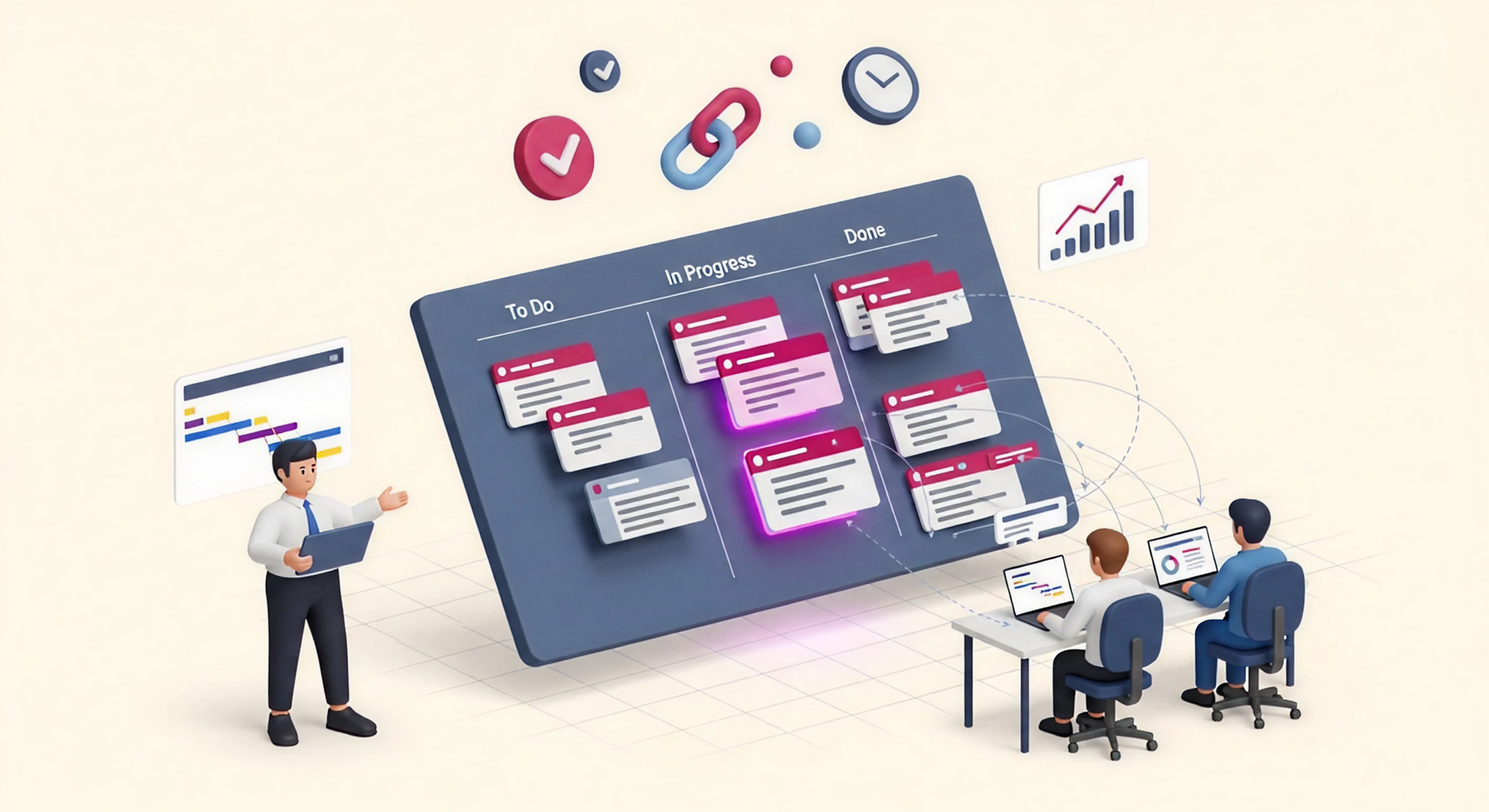 A 2D/3D hybrid illustration of a project manager standing beside a large isometric Kanban board divided into three columns — To Do, In Progress, and Done — with floating task cards at various stages of completion. The In Progress column glows with magenta-edged cards indicating live activity. The project manager holds a translucent tablet showing a sprint roadmap, while two developers at workstations to the right have screens mirroring the central board. Small 3D icons — a checkmark, clock, dependency chain, and velocity graph — float above the board. The color palette features deep magenta accents on a warm off-white background.