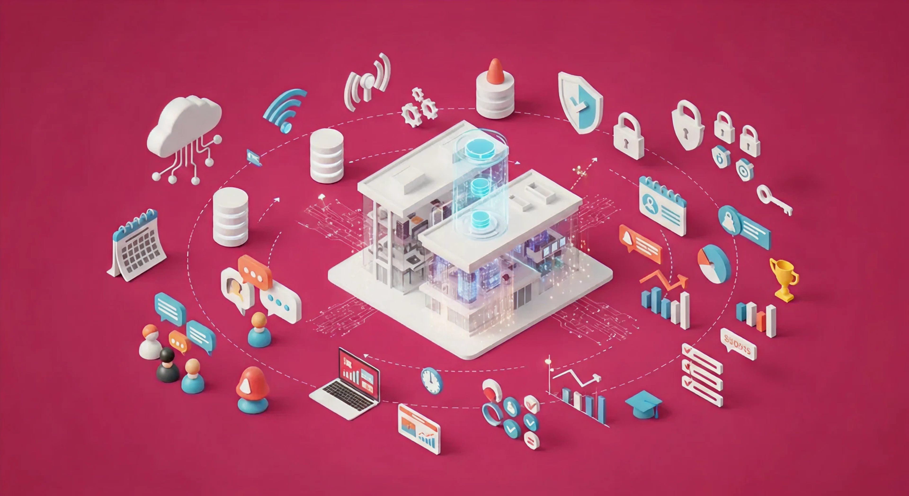An illustration-style diagram showing a building surrounded by different tools and software, symbolizing tight security.