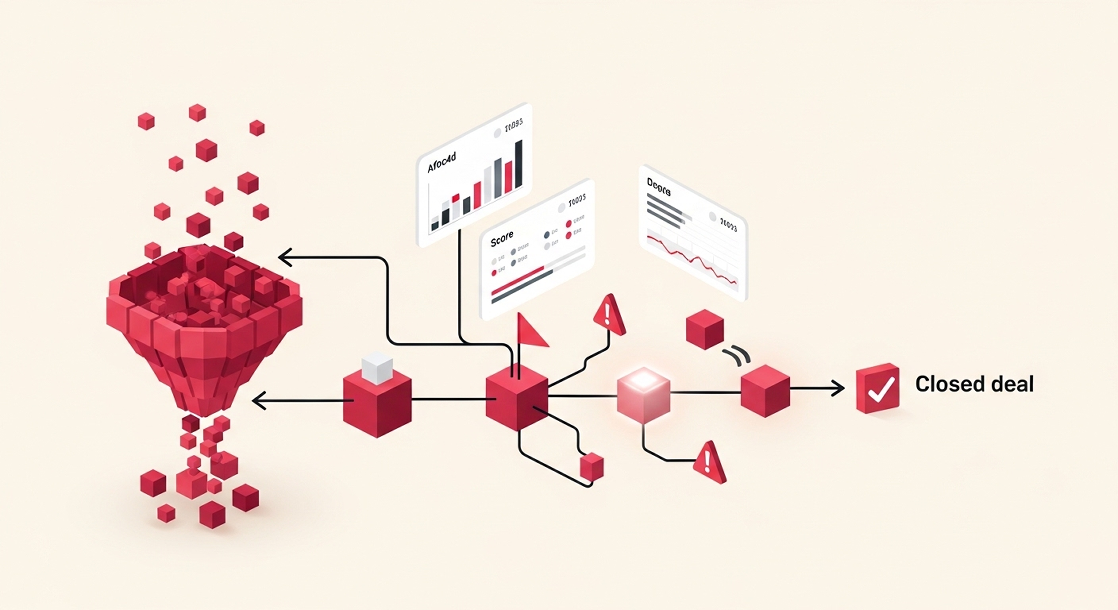 An abstract illustration showing a sales pipeline moving from left to right — scattered lead nodes on the left funnel into an organized, automated pipeline that ends in a completed deal on the right, represented by connected geometric shapes, dashboard cards, and checkmark icons on a warm off-white background.
