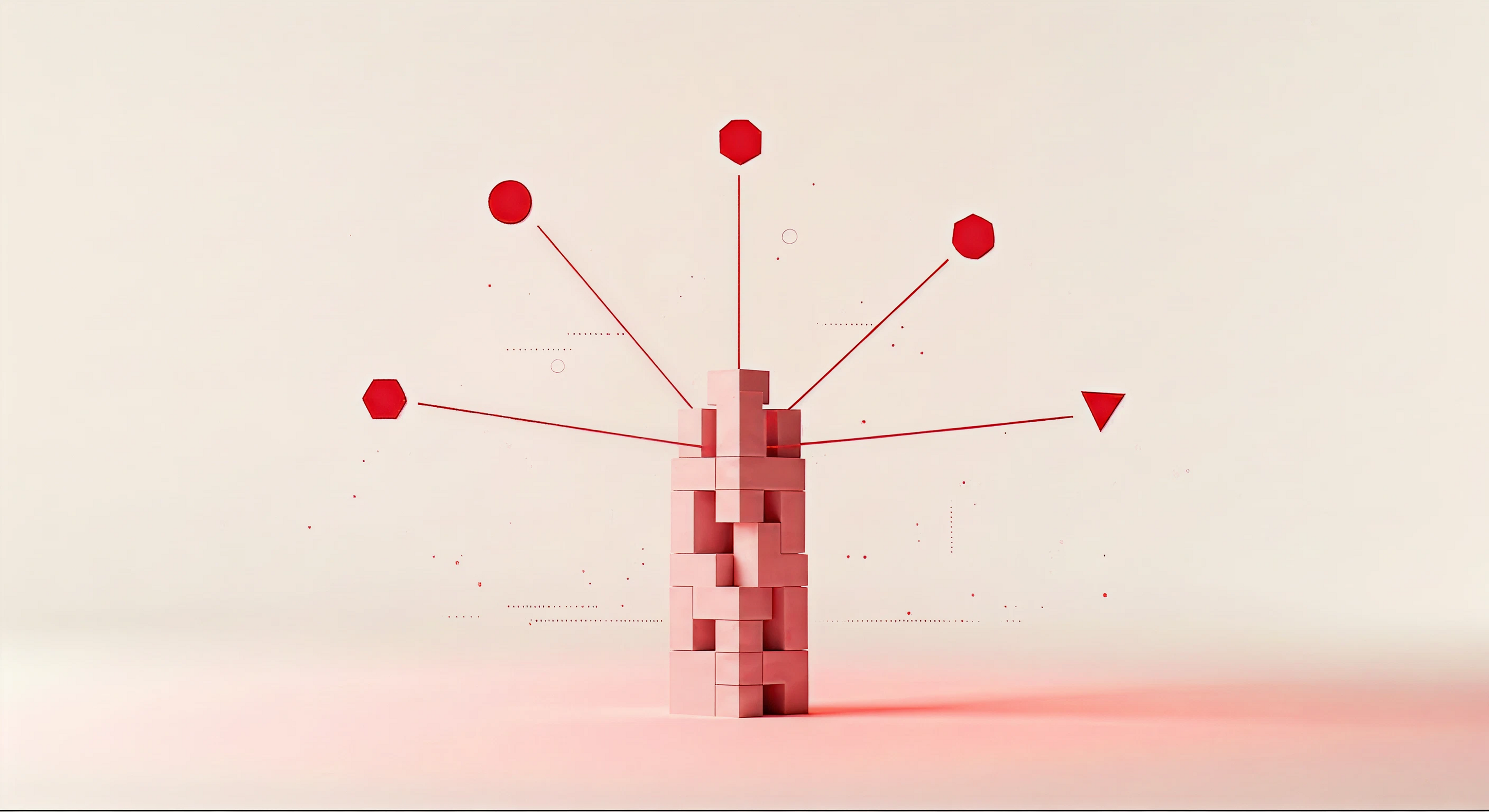 Abstract editorial illustration of a solid geometric structure built from interlocking 3D blocks, with five crimson lines radiating outward to distinct geometric shapes, symbolising the multiple dimensions of AI readiness against a warm off-white background.