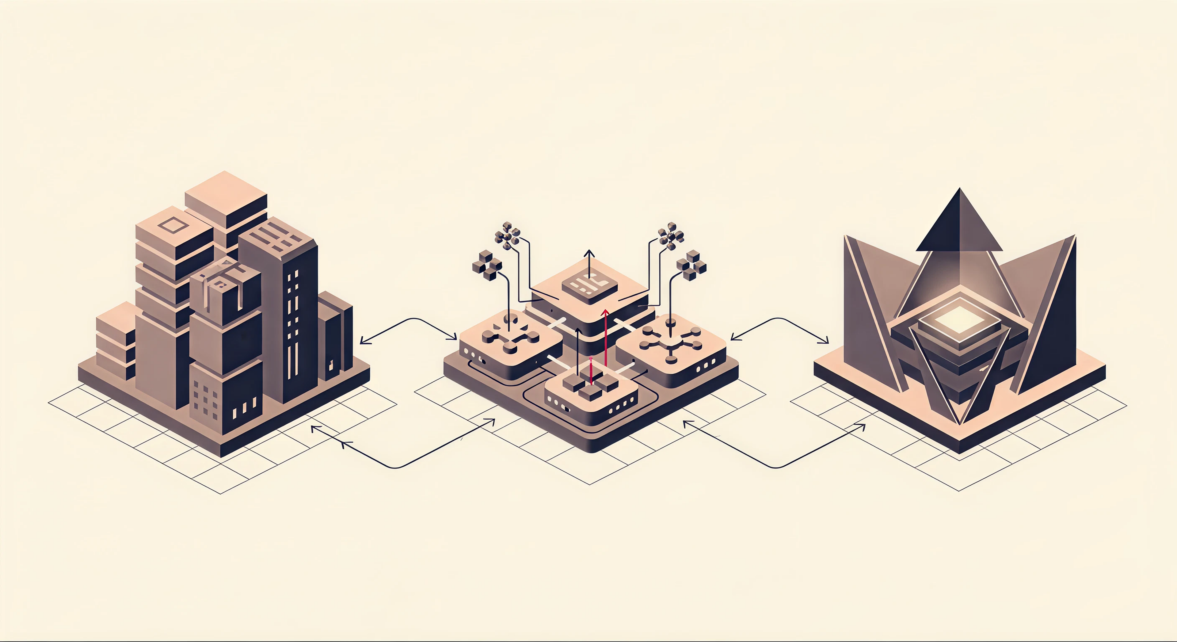 A wide abstract illustration showing three distinct geometric structures standing side by side on a shared isometric grid. The tallest structure on the left represents a mature, large-scale cloud ecosystem. The center structure features flowing connector paths and data node clusters. The rightmost structure is sharp and angular, suggesting AI integration and precision. Directional arrows from all three structures converge upward toward a single deep crimson-magenta node, representing the unified goal of a successfully launched startup regardless of which cloud provider is chosen.