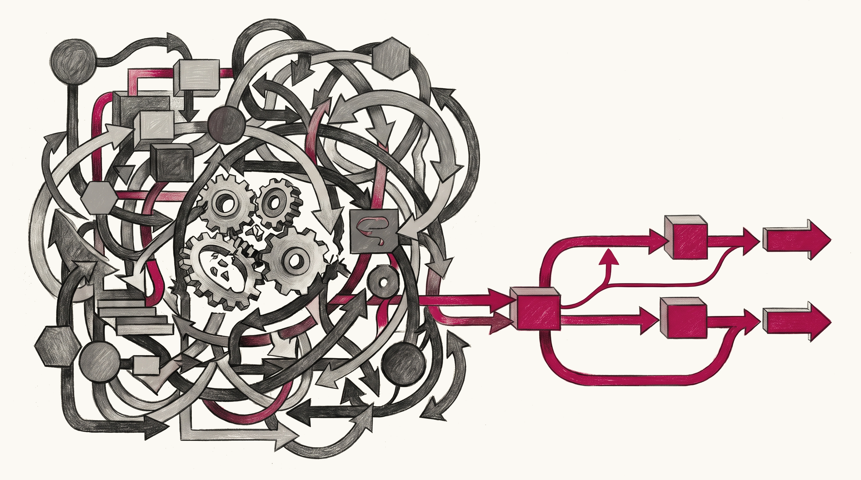 Abstract illustration contrasting two workflow systems: a tangled, looping, and jammed process network on one side, and a simplified, clean workflow with smooth crimson flow lines emerging from the chaos on the other.