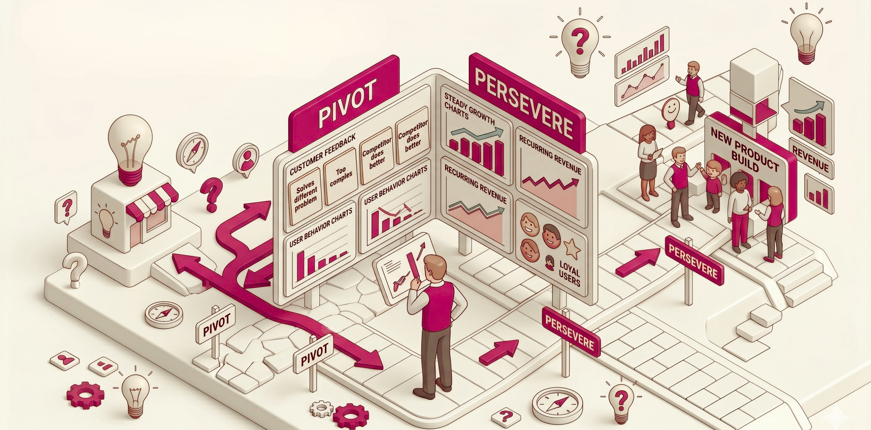 An isometric illustration depicting a founder standing at a decision point between two large signboards labeled "Pivot" and "Persevere." The Pivot side contains customer feedback, user behavior charts, and market signals suggesting a change in direction. The Persevere side shows recurring revenue charts, loyal users, and steady growth indicators. Team members gather around a "New Product Build" area, with arrows pointing toward different strategic paths. The illustration represents the founder's decision-making process after evaluating post-MVP performance and market feedback.