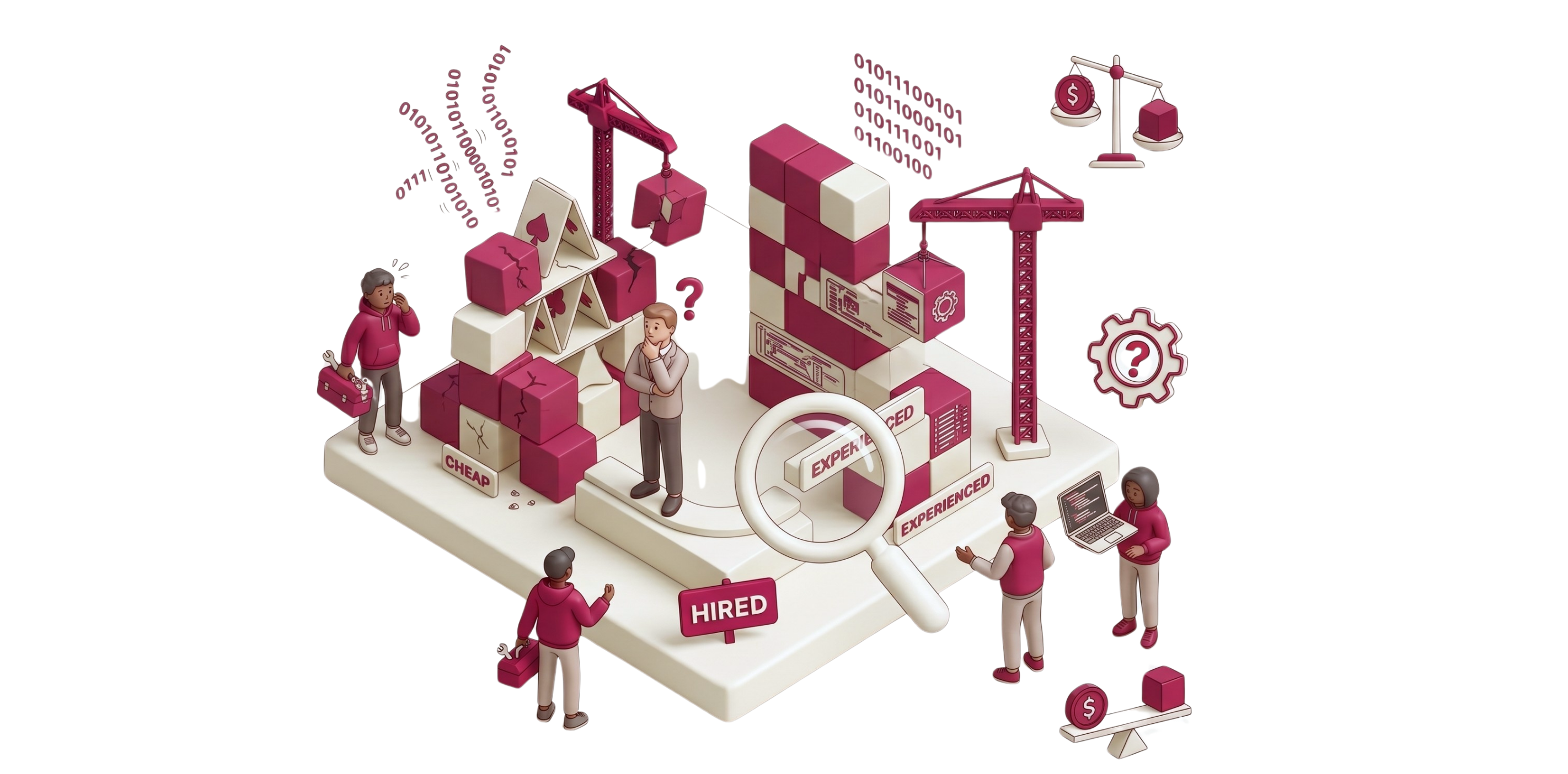 A 3D isometric illustration showing a founder standing between a crumbling, cheap build and a solid, structured one, with a magnifying glass highlighting "Experienced" and a cost scale in the background.
