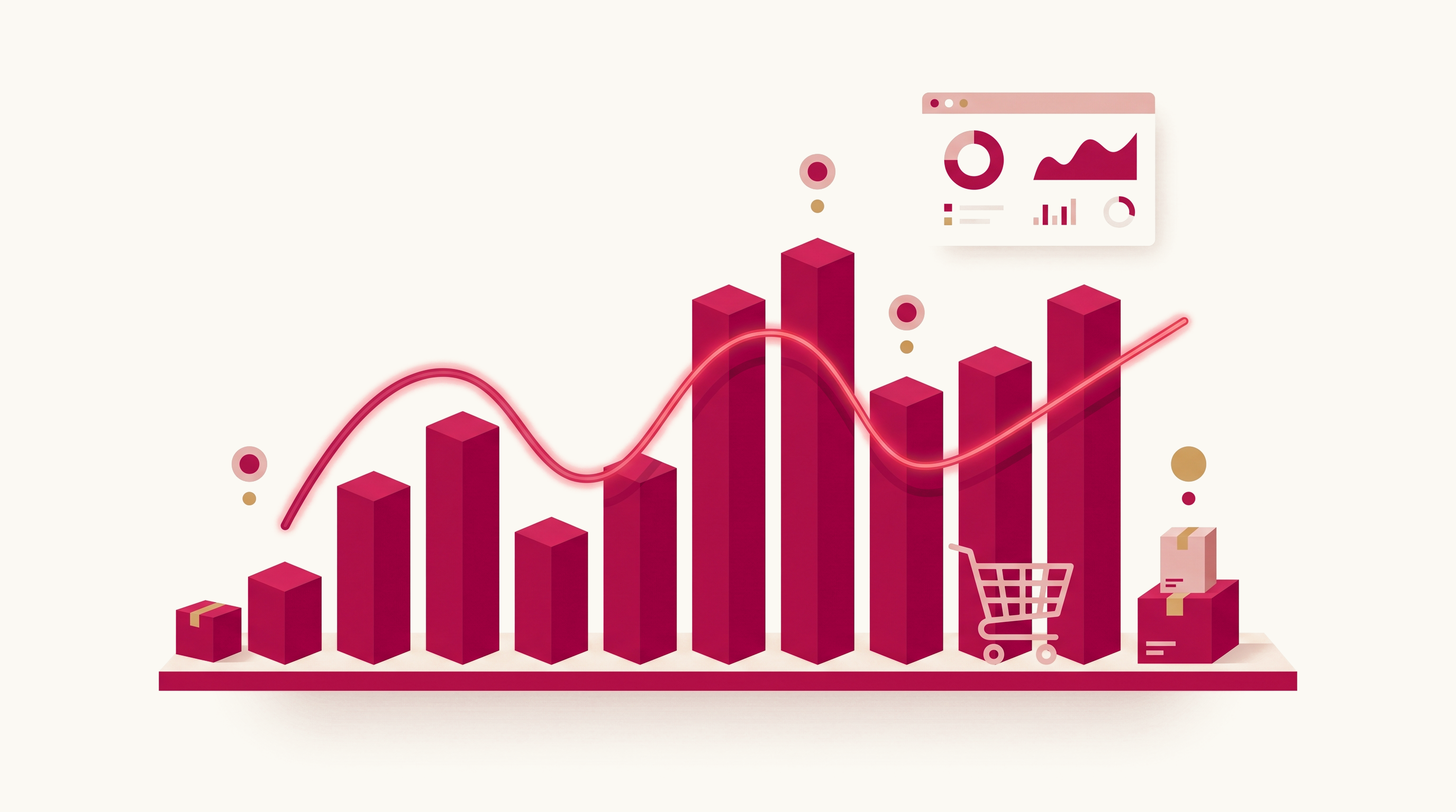 2D/3D illustration of five crimson bar shapes with a glowing forecast line and floating data-point accents on a cream background, representing AI demand forecasting.