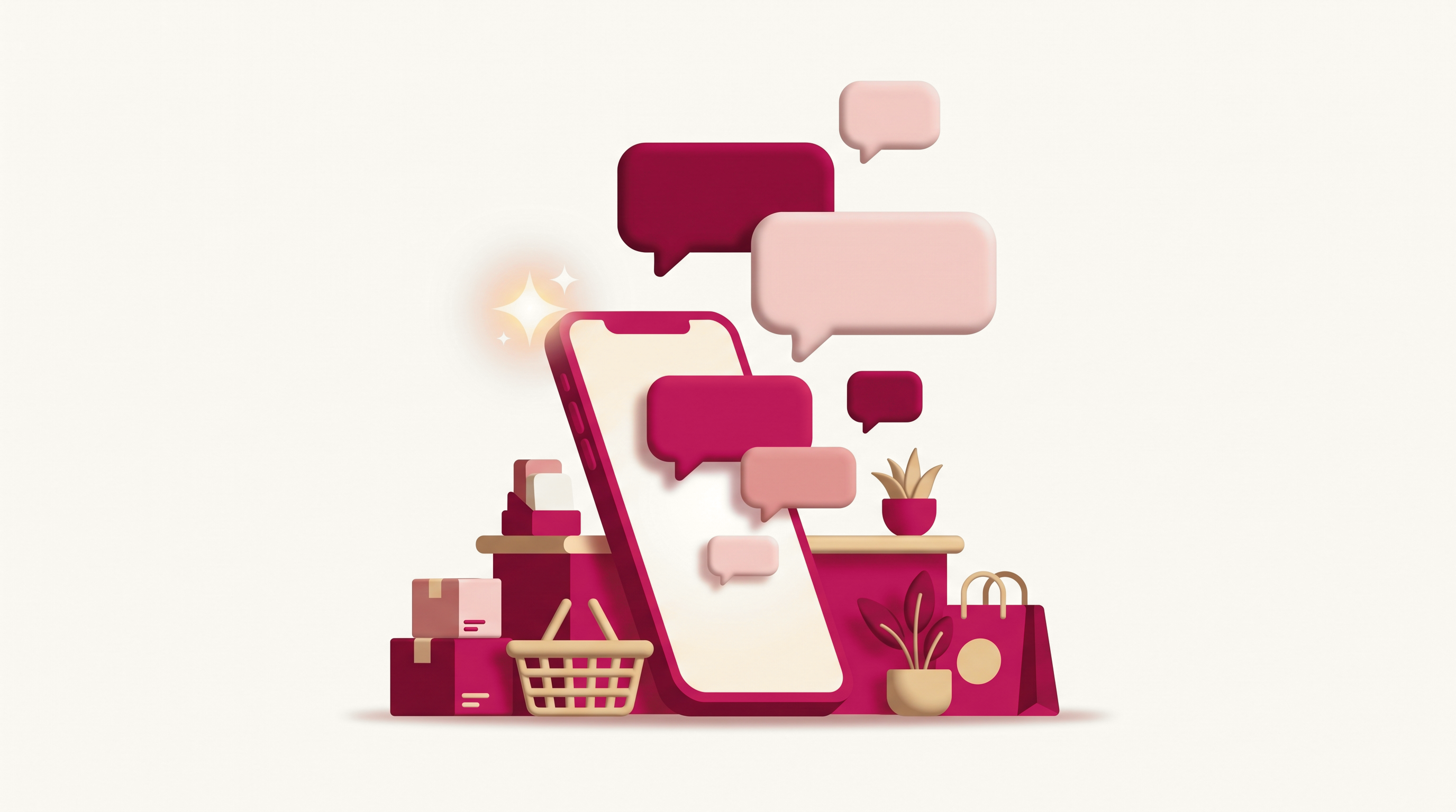 2D/3D illustration of a crimson smartphone with three layered chat bubbles rising from the screen on a cream background, representing an AI WhatsApp chatbot in action.