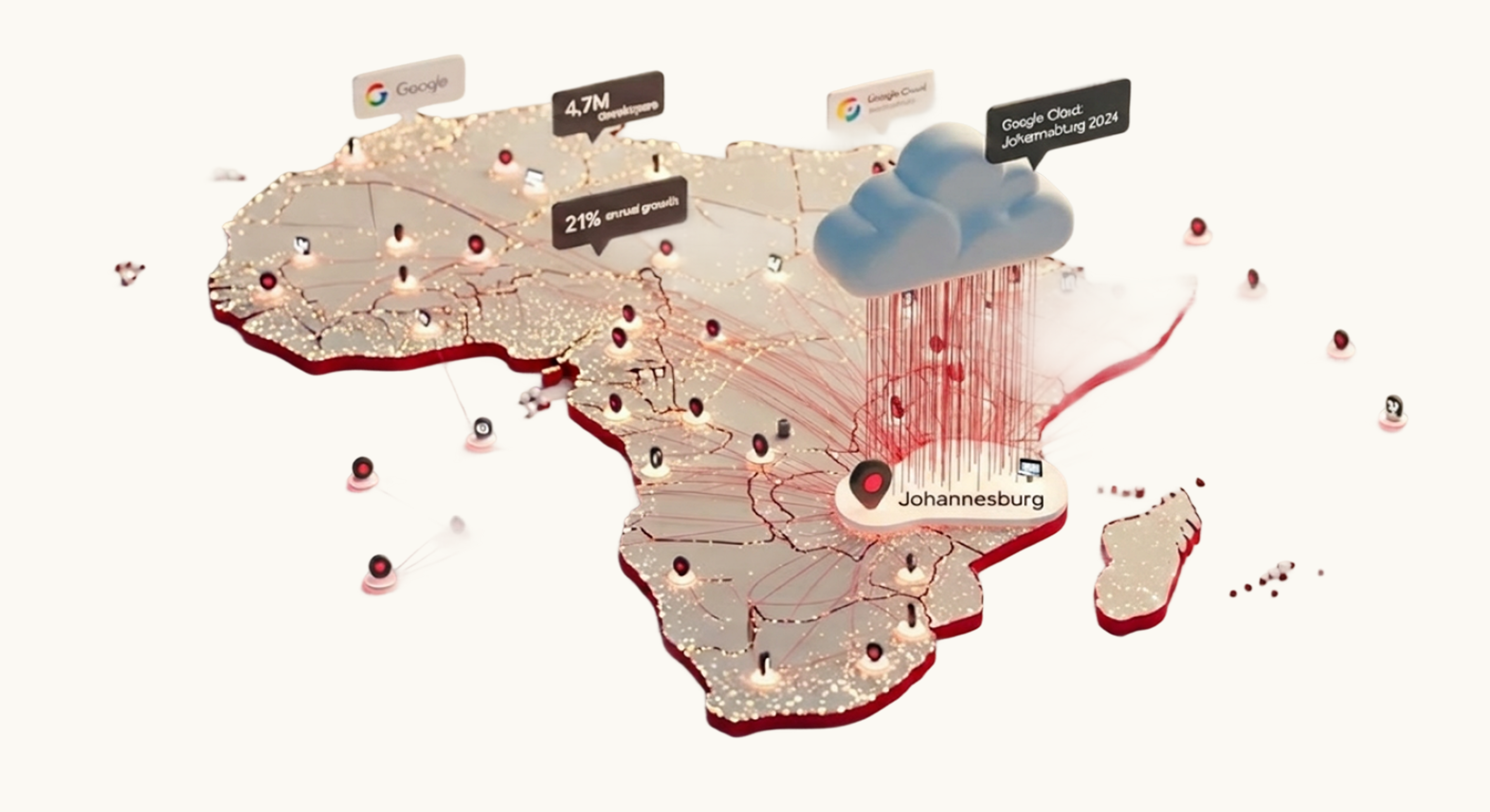 A 3D aerial illustration of Africa showing a growing network of developer community nodes connected by cloud infrastructure data streams, with floating badges highlighting 4.7 million developers, 21 percent annual growth, and Google Cloud's Johannesburg region launch.