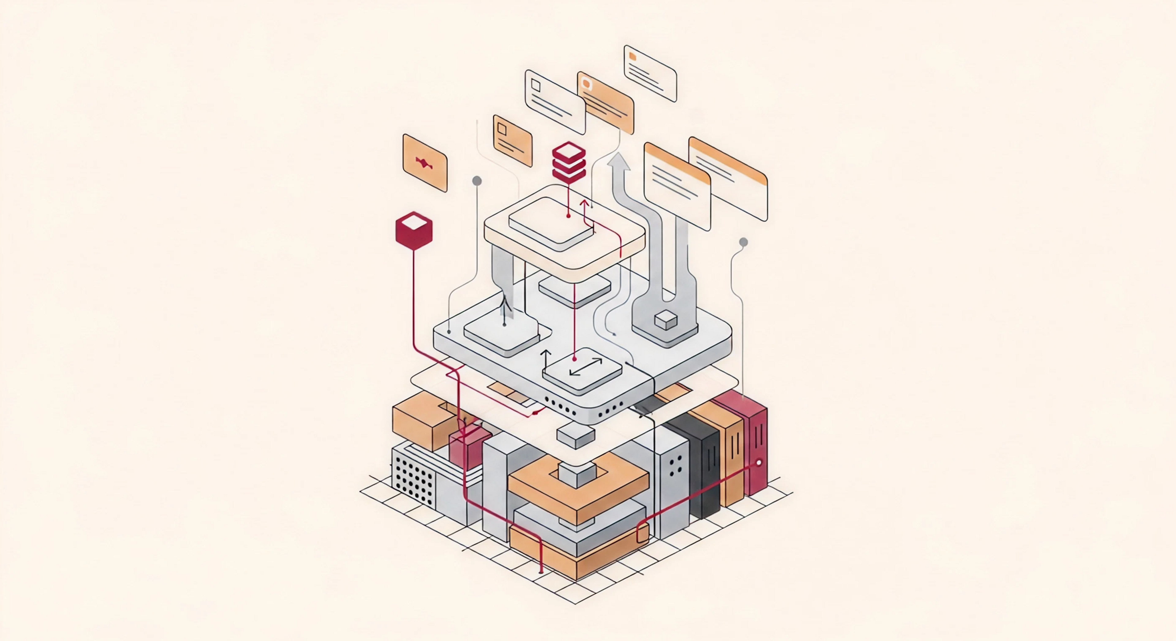 A wide abstract illustration showing three stacked horizontal layers in isometric perspective. The bottom layer contains dense interlocking blocks representing raw infrastructure. The middle layer shows organized platforms with deployment arrows flowing upward. The top layer features open floating card shapes representing finished software. Thin vertical connector lines in deep crimson-magenta link all three tiers against a warm off-white background, visualizing the relationship between IaaS, PaaS, and SaaS.