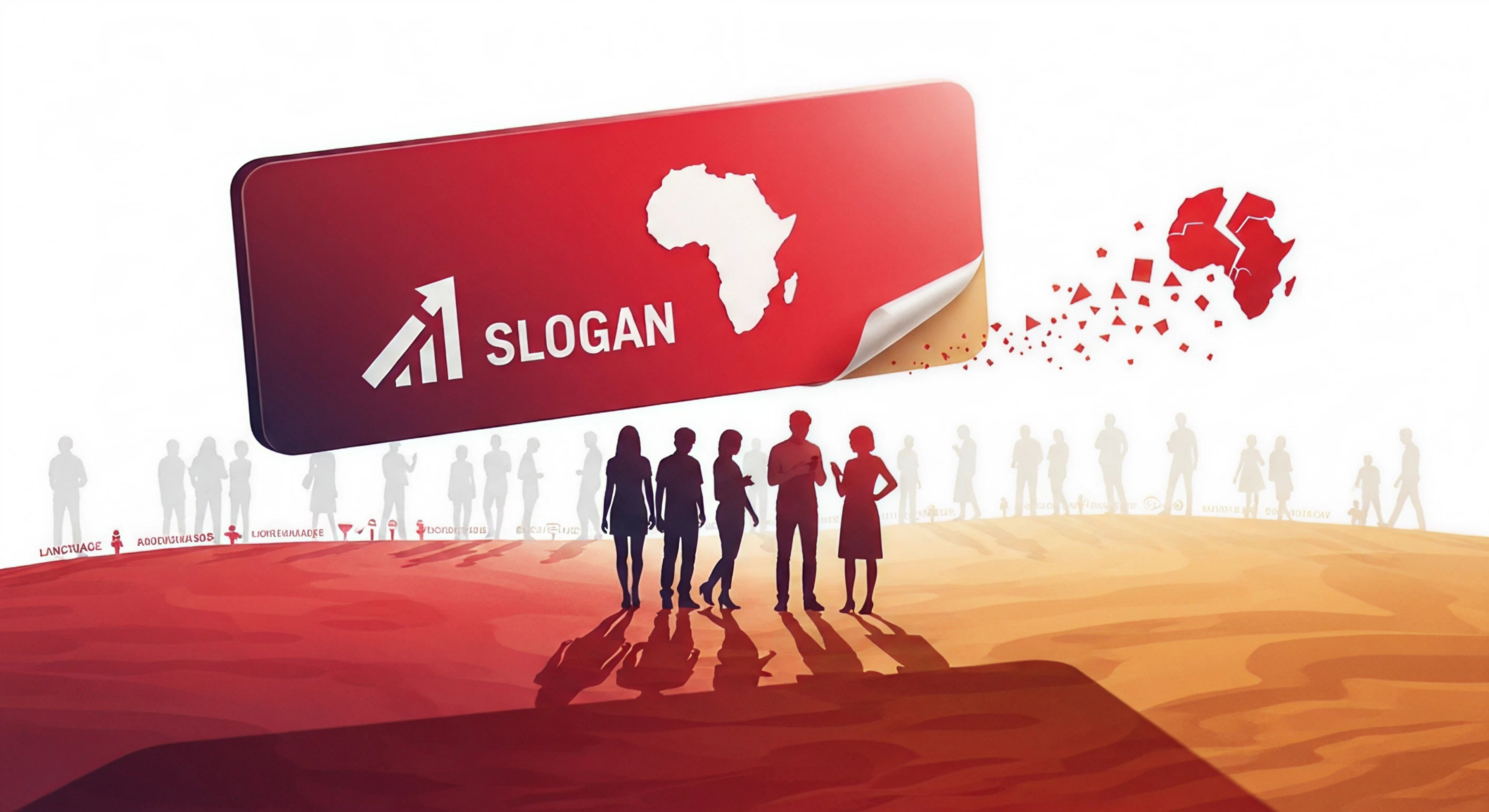 Abstract editorial illustration featuring a tilted crimson banner resembling a pitch deck facade, with a small cluster of illuminated smartphone holding silhouettes in the foreground and a larger group of faded receding figures behind them, alongside a fractured badge shape and an empty speech bubble communicating the gap between inclusive branding and exclusive product reality.