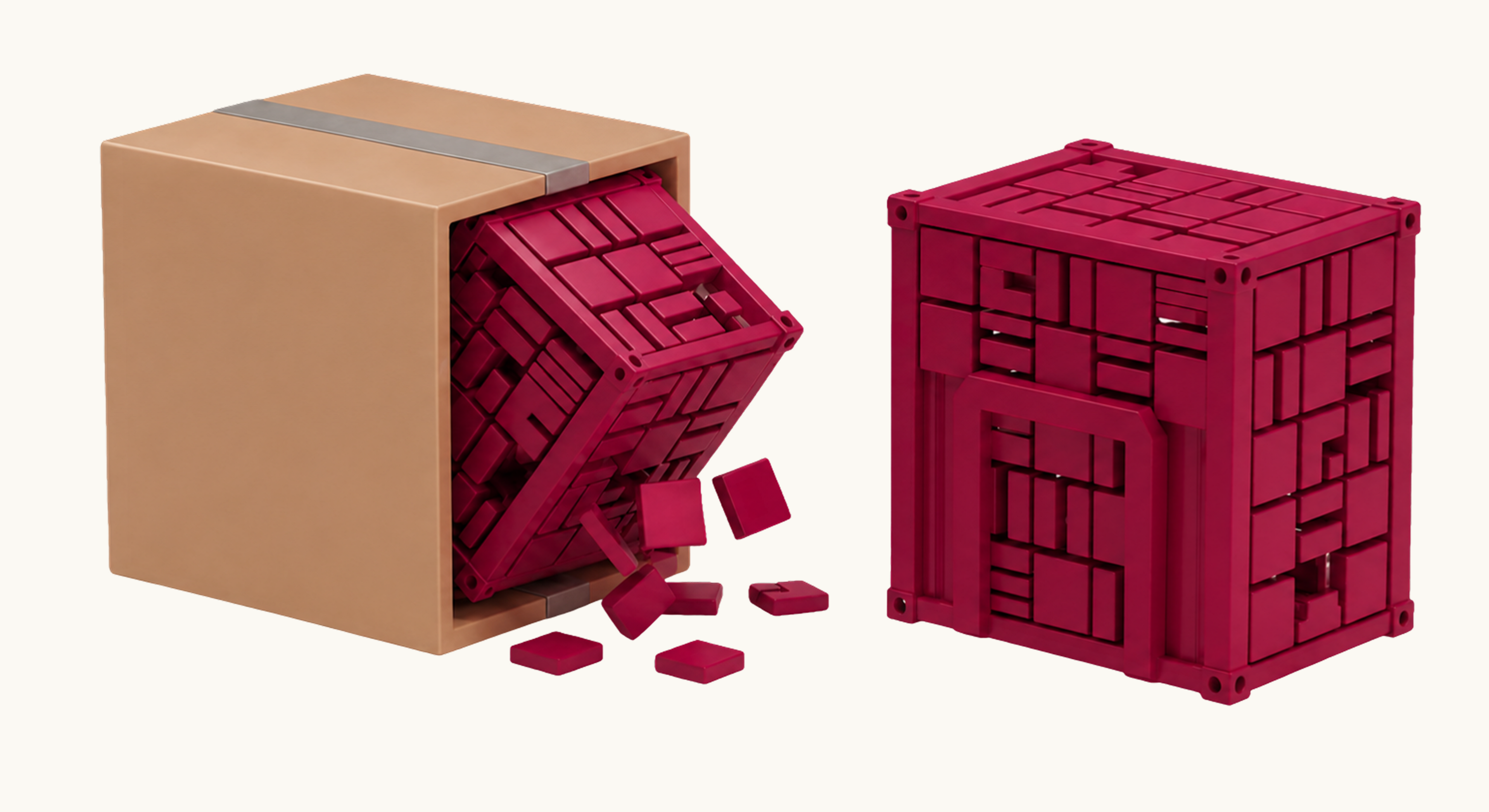 A 3D illustration contrasting a business structure that cannot fit inside a generic software box with the same structure fitting perfectly inside a custom-built container, showing why African business models often require purpose-built software