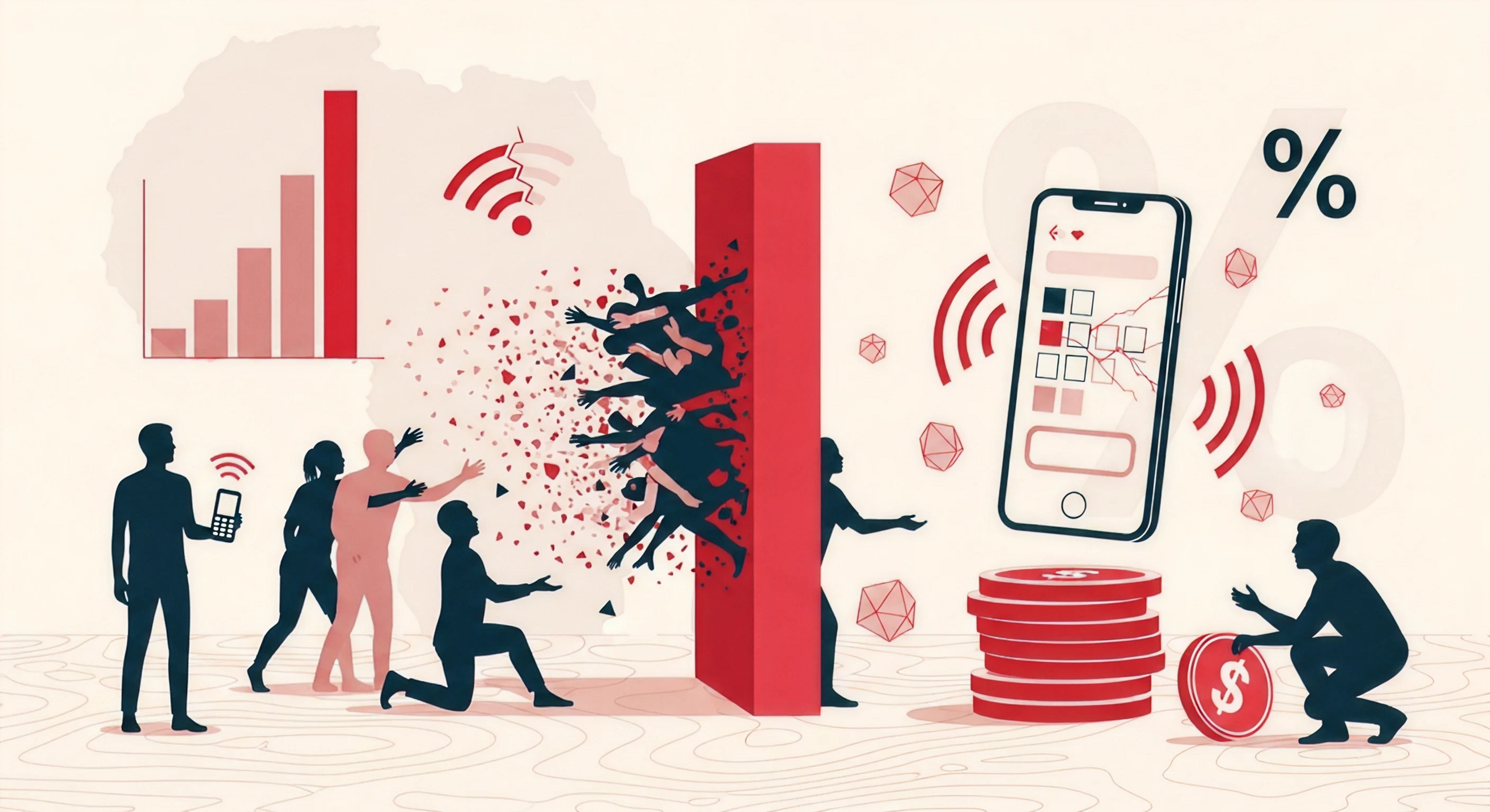 Abstract editorial illustration of a bold crimson barrier wall separating reaching human silhouettes from a sleek elevated smartphone shape, with a towering bar chart, cracked wifi arcs and oversized coin stacks communicating the cost and access gap facing the majority of African users