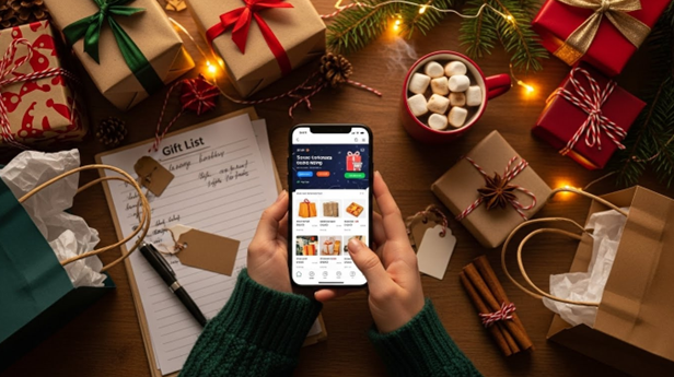 christmas gifts and phone with shopping screen