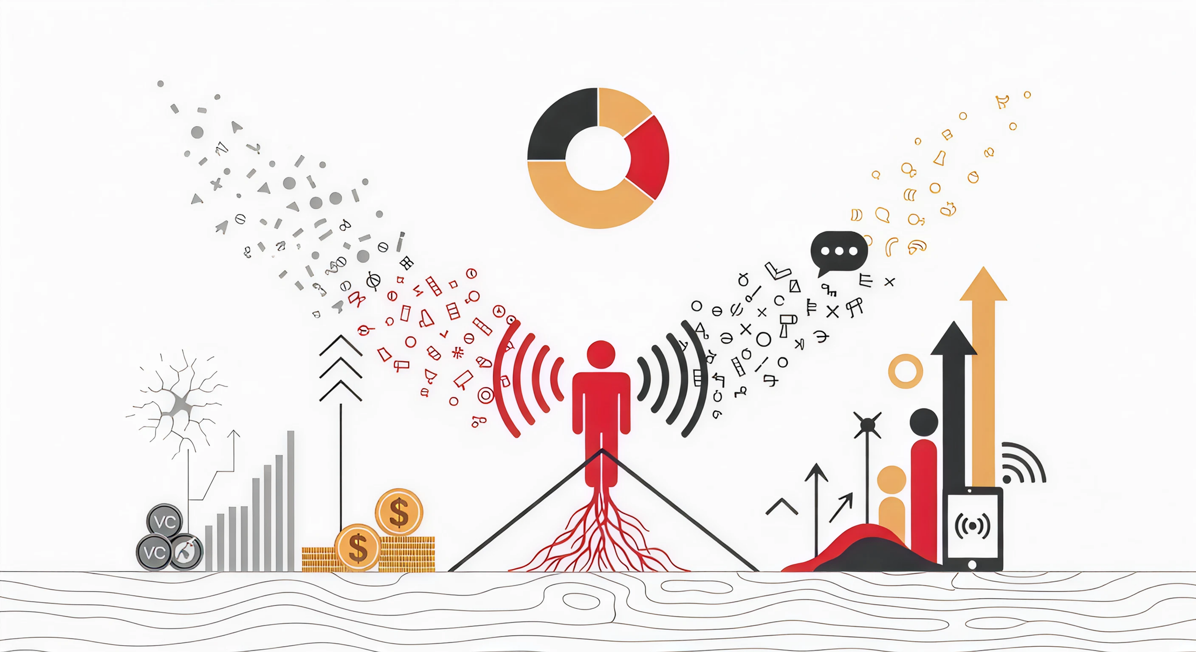 Abstract editorial illustration showing a transitional composition where faded fragmented shapes on the left give way to rising geometric forms and connected silhouettes on the right, with voice wave arcs, multilingual script textures, a partial pie chart and network root lines suggesting growing local investment and language inclusive product design.