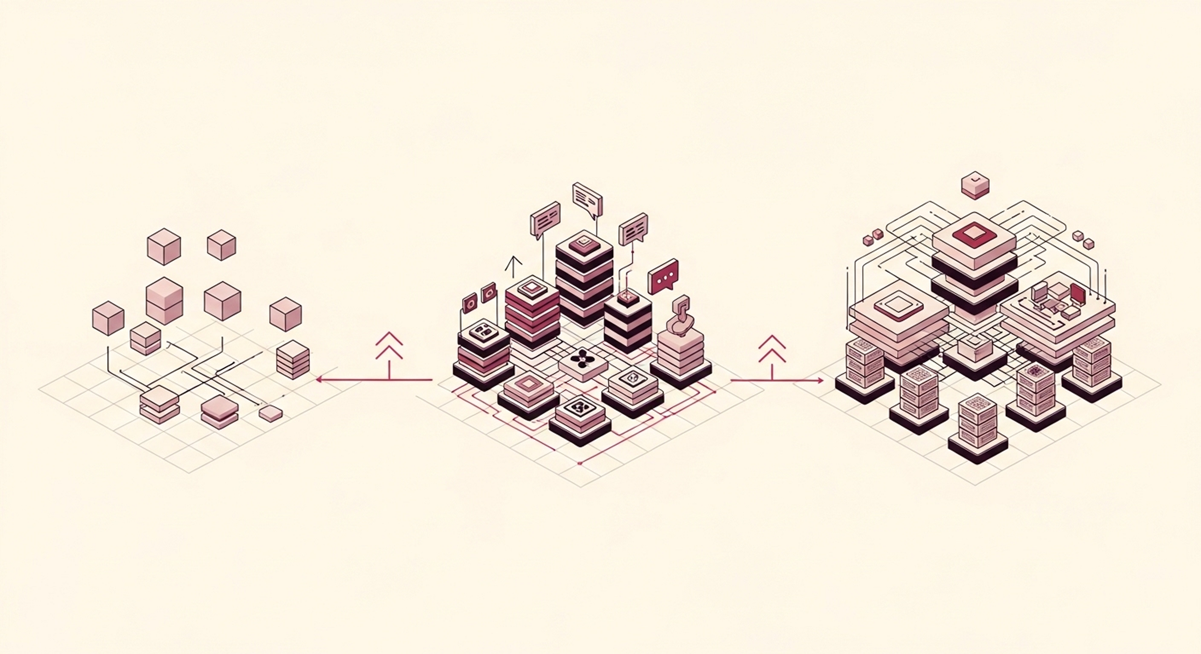 A wide abstract illustration showing a left-to-right visual progression across three connected zones on a shared isometric grid. The left zone is sparse with a small cluster of floating cubes and a single connector line, representing an early-stage startup. The center zone expands into organized stacked platforms and branching pipeline paths, representing a scaling operation. The right zone is the most complex, featuring dense layered structures and a radiating network of connector nodes representing mature infrastructure. Deep crimson-magenta accent lines and nodes flow continuously from left to right across all three zones against a warm off-white background, visualizing how cloud infrastructure evolves from seed stage through Series A to Series B and beyond.