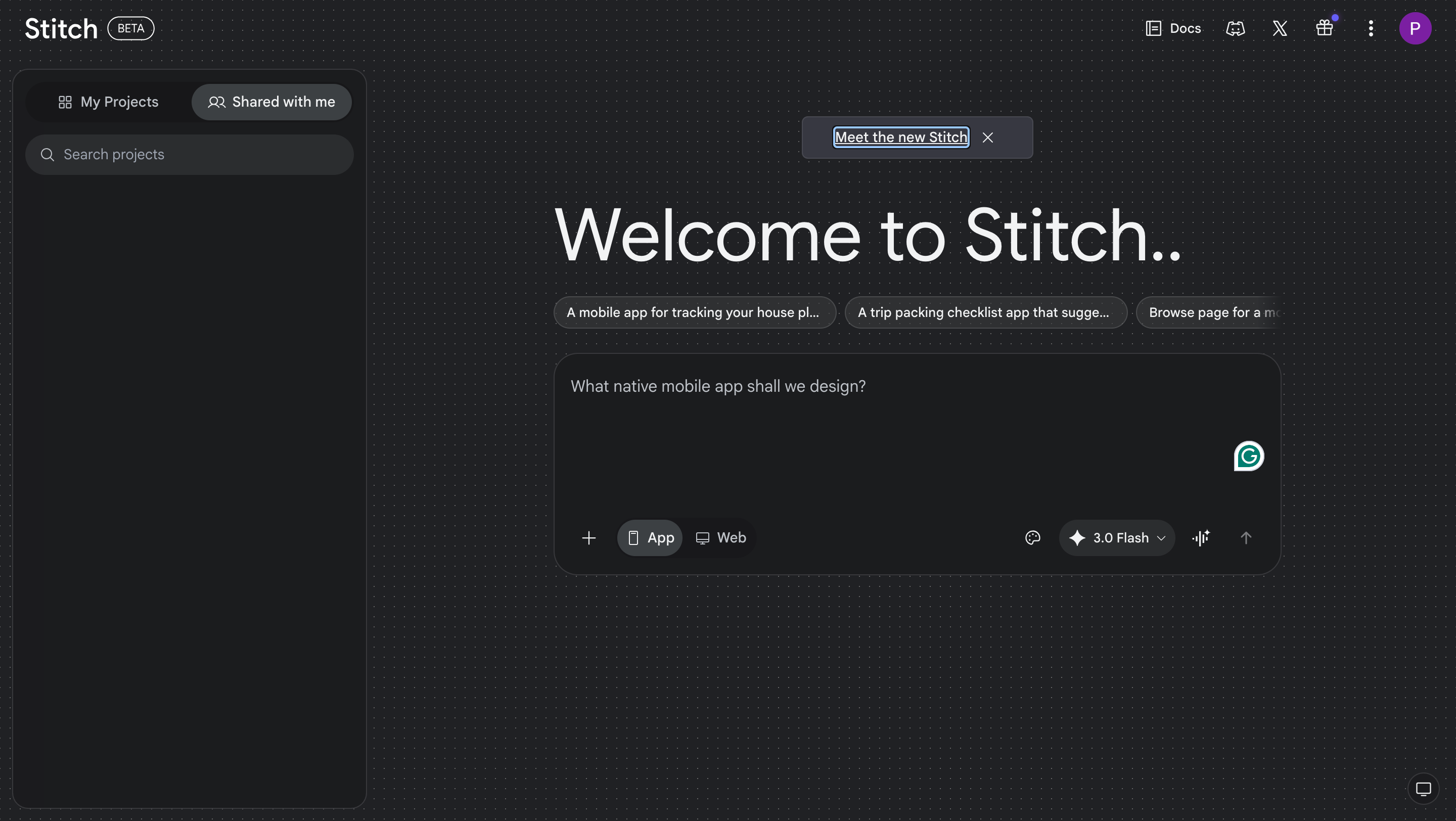 Screenshot of the Google Stitch beta interface showing a dark-themed dashboard with a prompt input field asking "What native mobile app shall we design?" alongside suggested app ideas and App/Web toggle options.