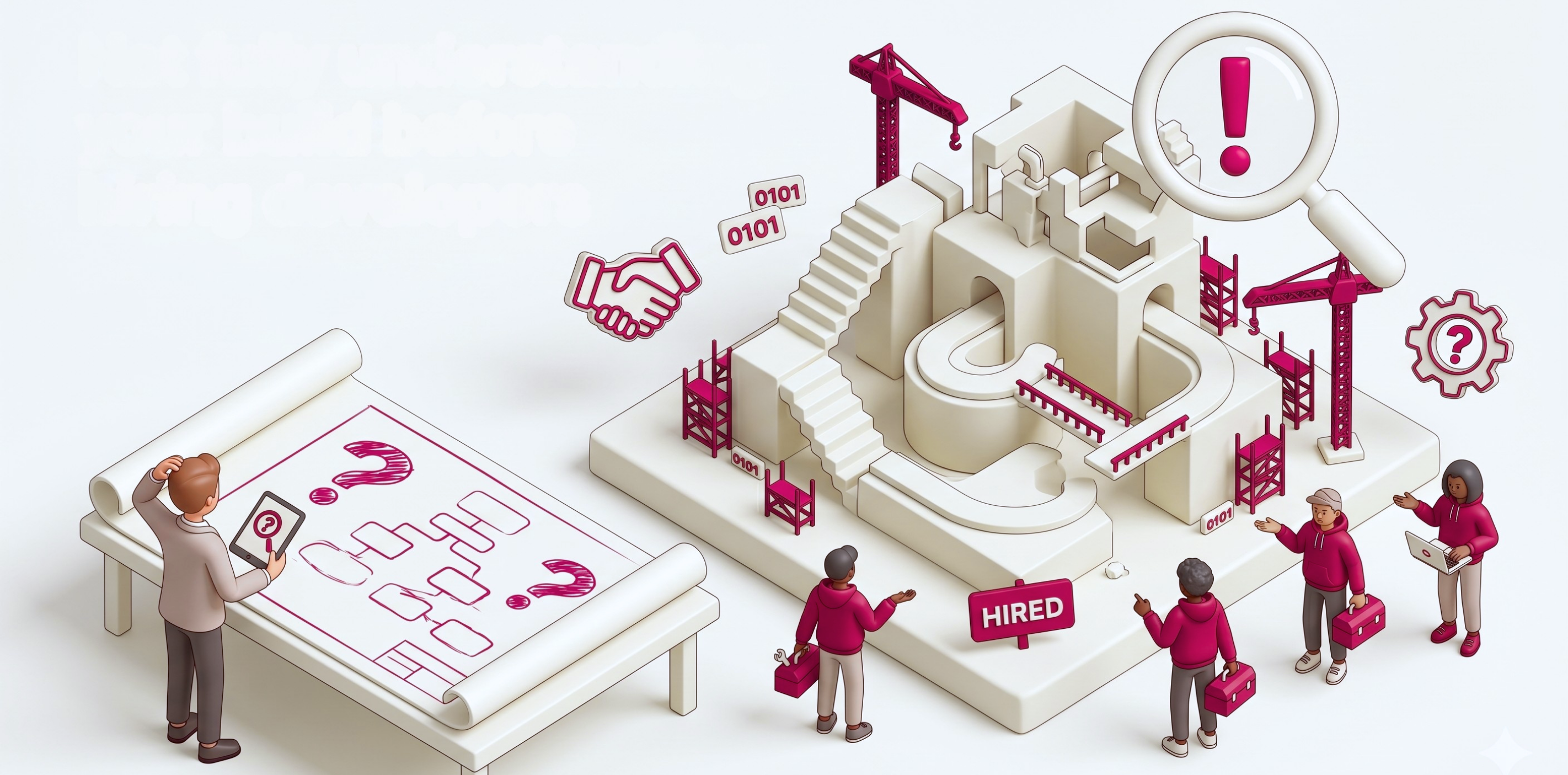 A 3D isometric illustration showing a confused founder reviewing an incomplete blueprint while developers stand around an unfinished building structure with a "Hired" sign, surrounded by question marks and warning symbols.