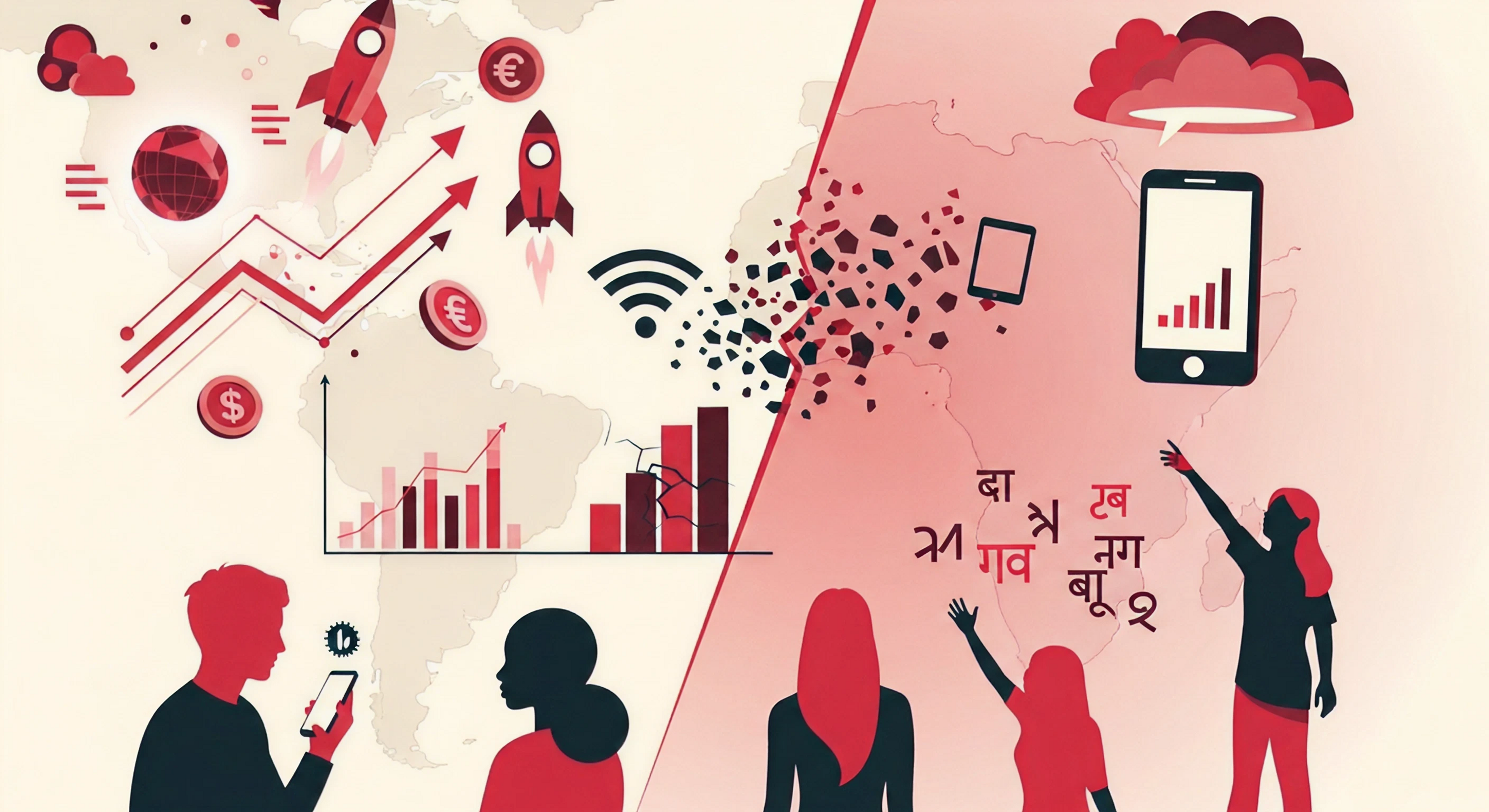 Abstract editorial illustration showing two contrasting halves. One side has glowing data nodes, rising graphs and rocket shapes in deep crimson representing startup ambition, while the other shows fragmented wifi icons, low signal bars and human silhouettes that cannot reach the tech symbols, all set against a warm off-white background.