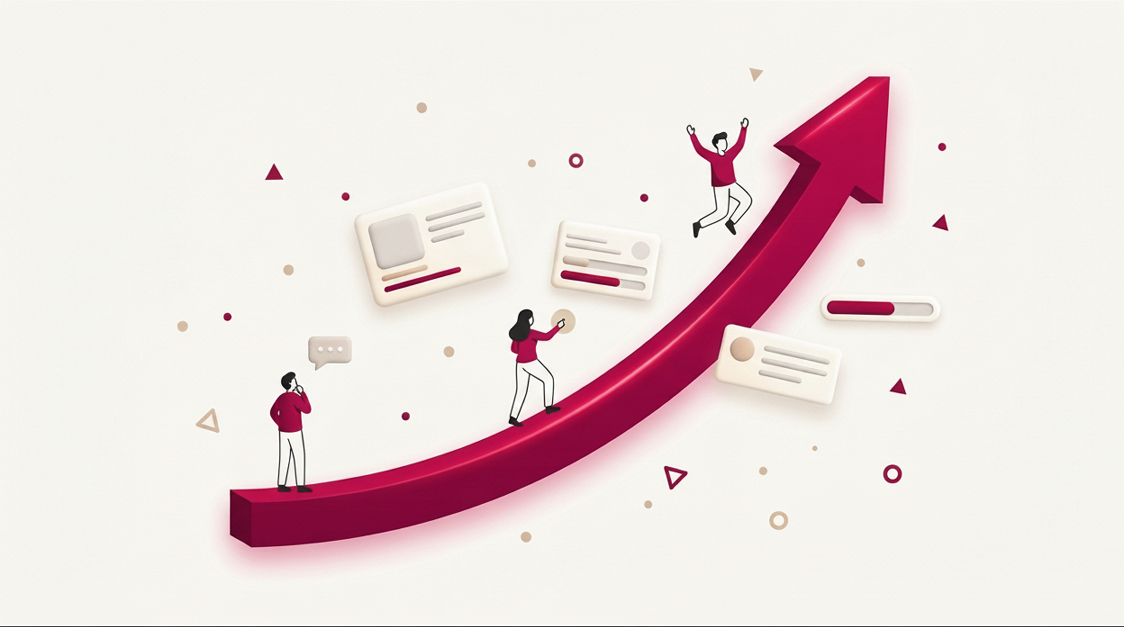 Abstract illustration of a rising crimson arc with human figures progressing upward alongside UI fragments, representing the ROI and business impact of user research in product design.