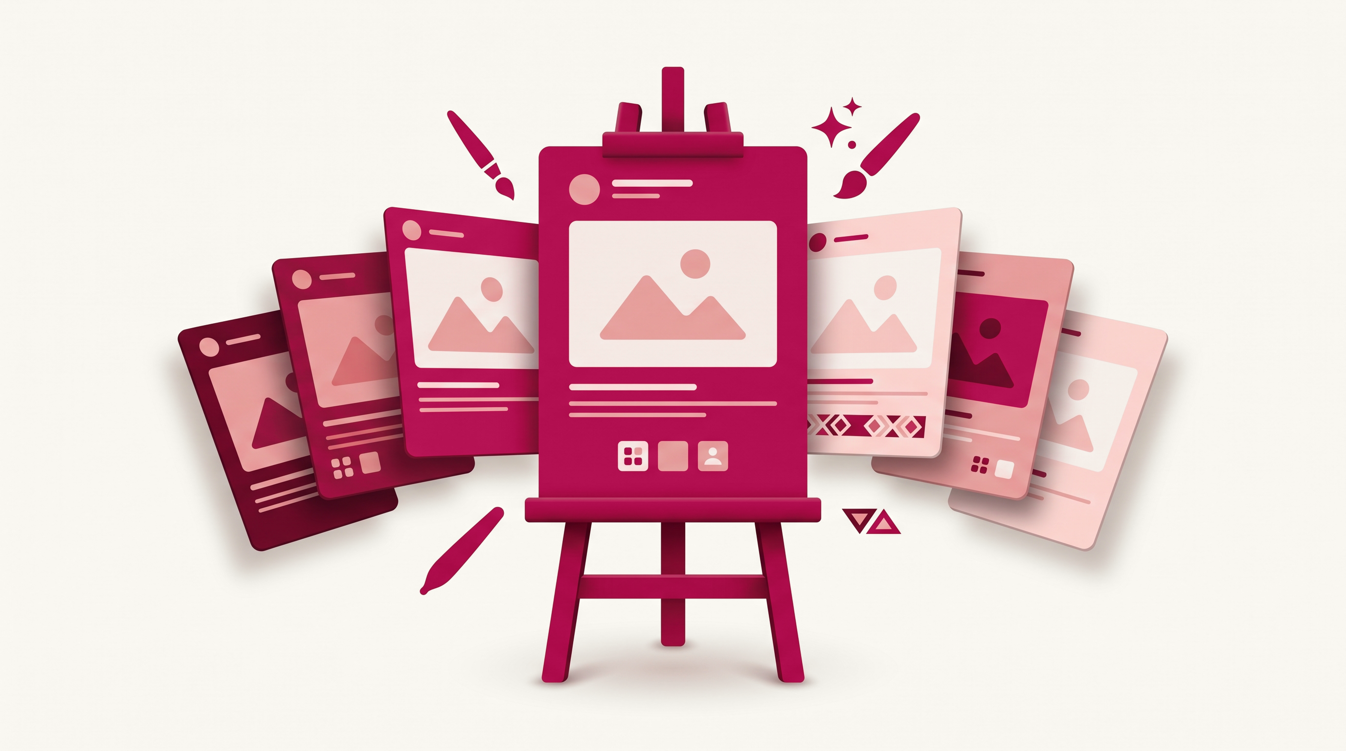 2D/3D illustration of three fanned crimson content cards with a spark icon and caption line accent on a cream background, representing AI-generated marketing content.