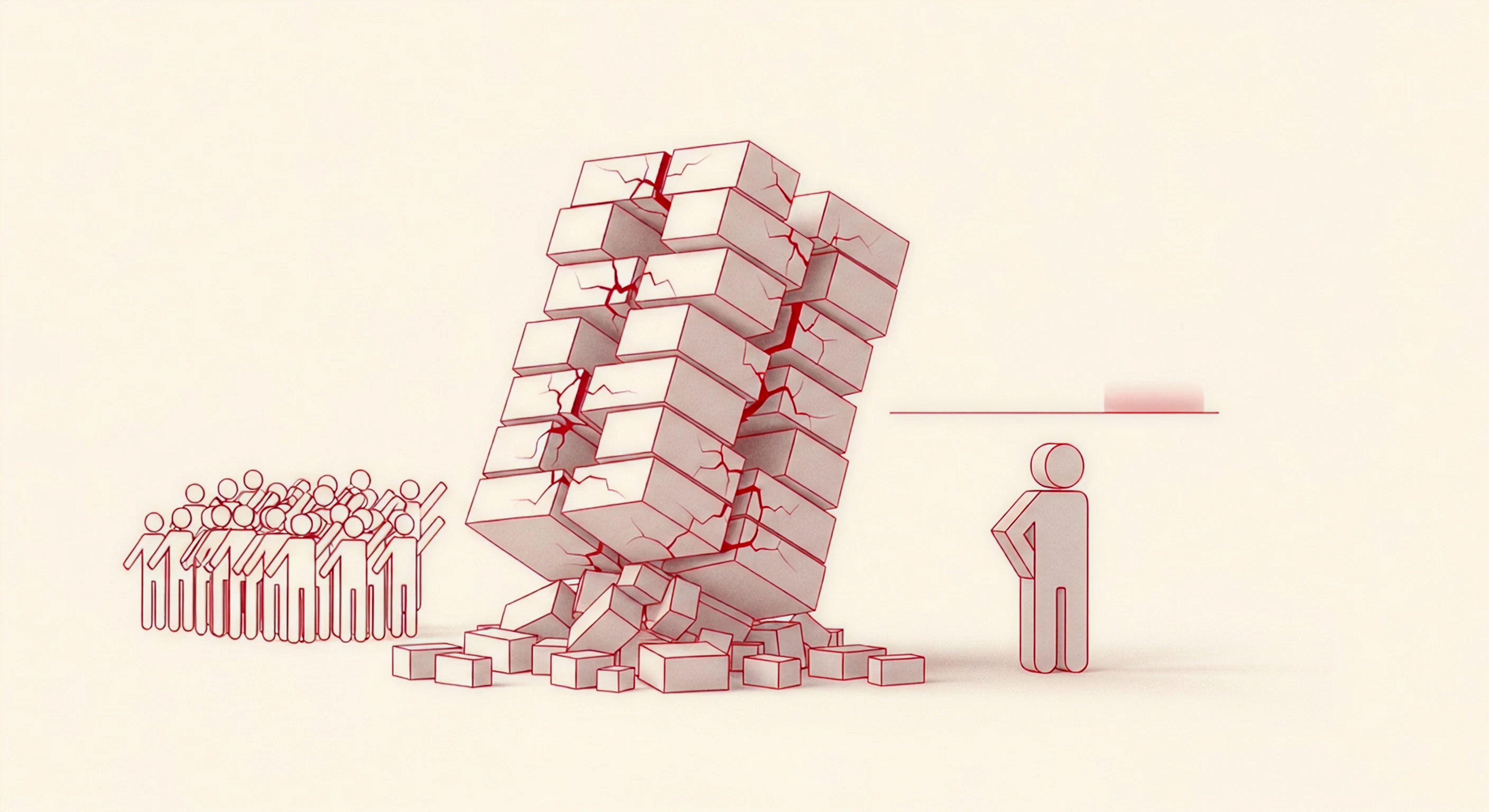 Abstract editorial illustration of an off-balance 3D geometric structure with crimson fracture lines along its edges, surrounded by hollow shapes moving in the same direction, a disconnected silhouette, and a budget bar falling short of its threshold — all set against a warm off-white background with a subtle cool undertone.