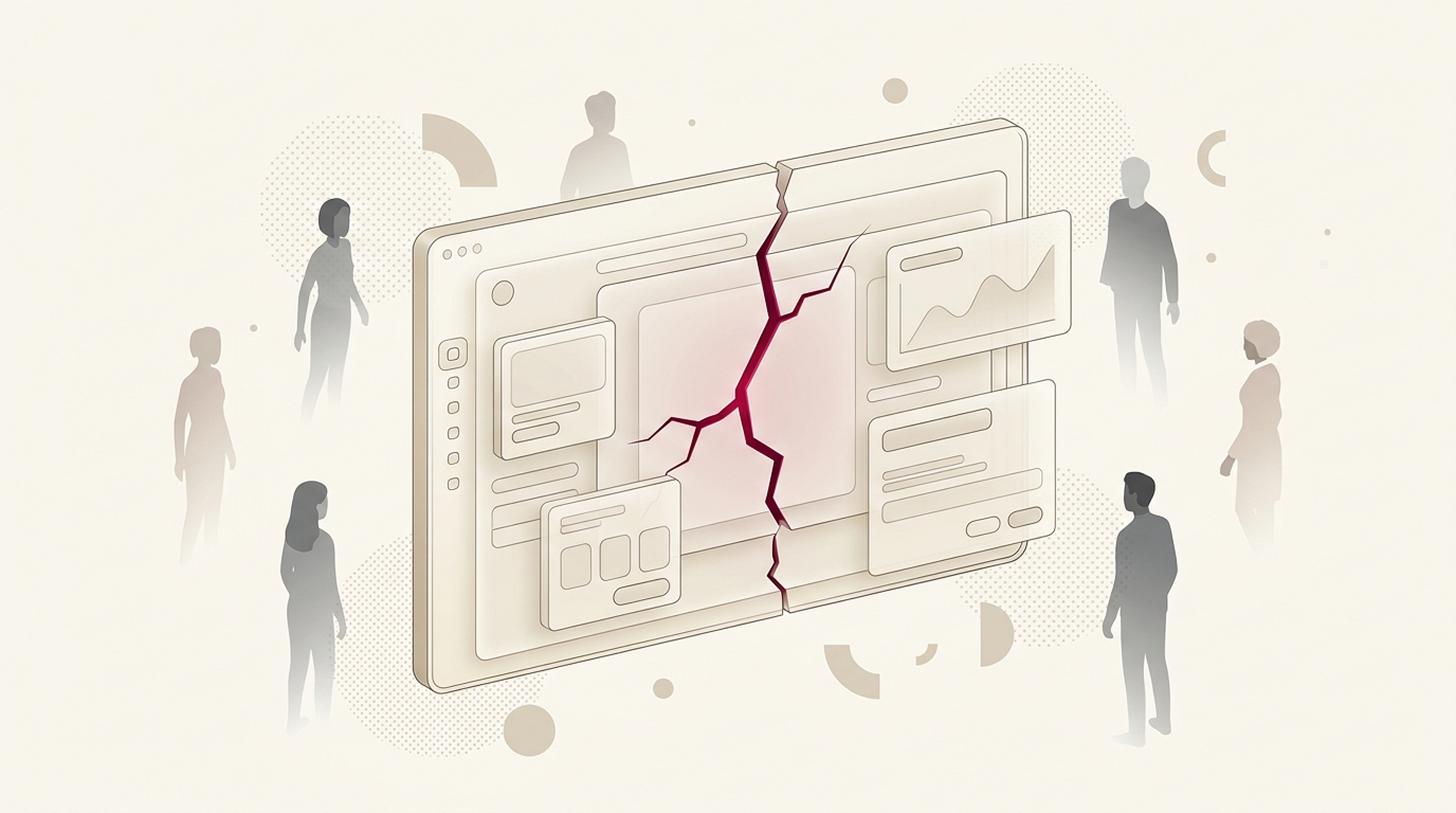Abstract illustration of a cracked product interface surrounded by disconnected human silhouettes, representing the cost of skipping user research in product design.