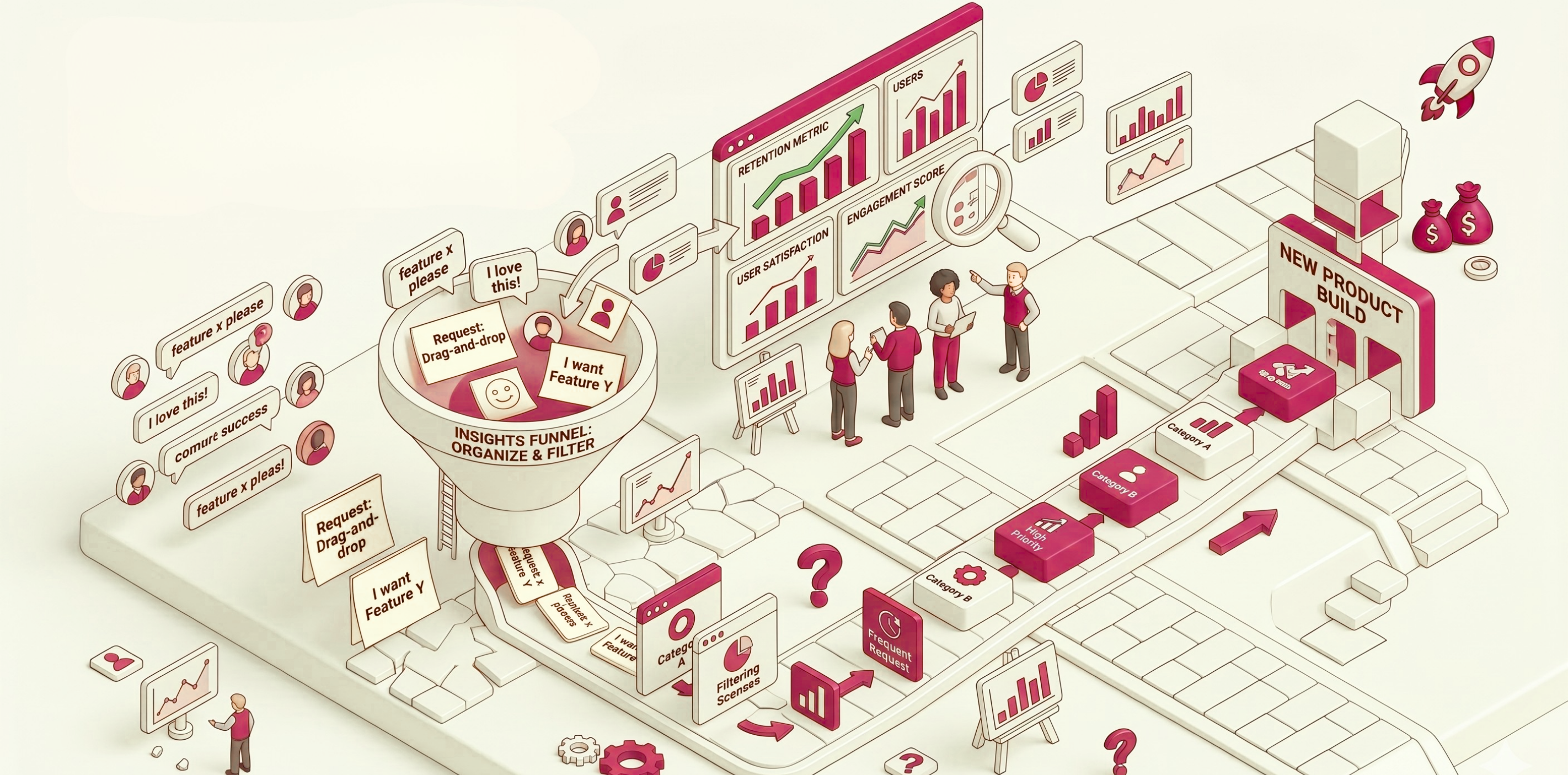 An isometric illustration showing customer feedback flowing into a large funnel labeled "Insights Funnel: Organize & Filter." Various feature requests, comments, and user messages enter the funnel from different directions. The funnel processes and categorizes the feedback before sending prioritized items toward a "New Product Build" pathway. Nearby dashboards display retention, user satisfaction, and engagement metrics, while team members review data and make product decisions. The image represents structured customer feedback management after an MVP launch.